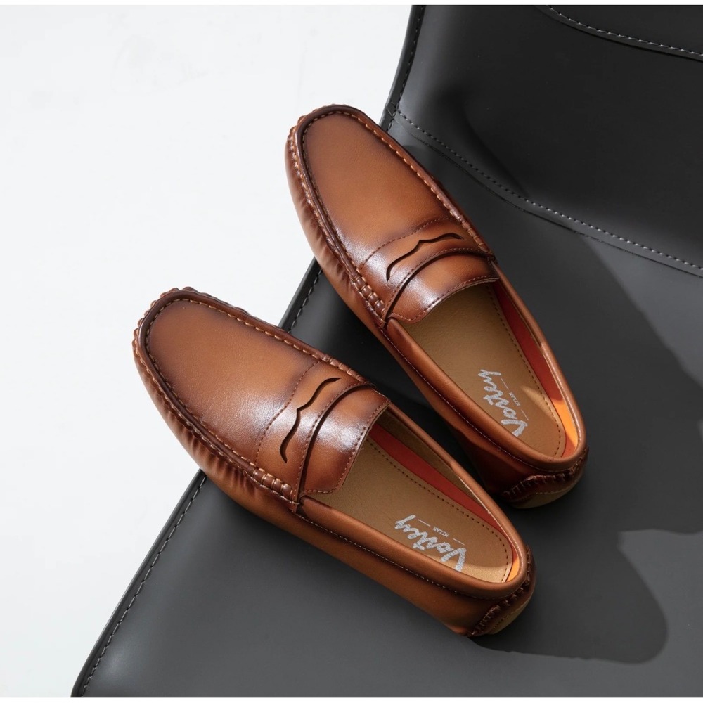 Vostey Milan Mens Tan Brown Penny Loafer Driving Shoes Slip On Moc Toe NWT SZ 9